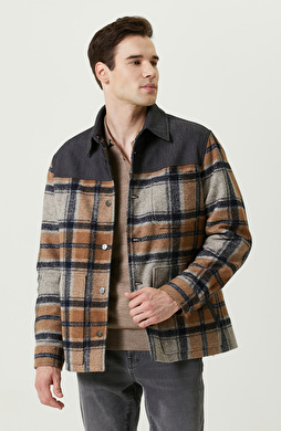 İndigo Gömlek Yaka Ekose Mont