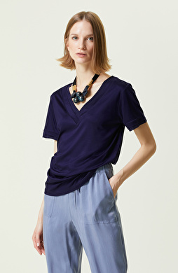 İndigo Kısa Kollu V Yaka T-Shirt