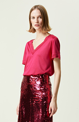 Fuşya Kısa Kollu V Yaka T-Shirt