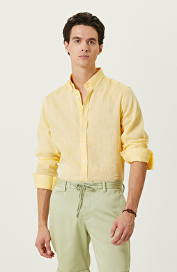 Sarı Uzun Kollu Keten Gömlek