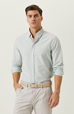 Yeşil-Beyaz Çizgili Uzun Kollu Gömlek