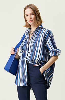 Beyaz Lacivert Çizgili Uzun Kollu Pamuklu Gömlek