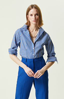 Beyaz Lacivert Uzun Kollu Pamuklu Gömlek