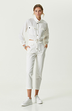 Beyaz Yüksek Bel Dar Paça Pantolon