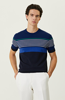 Lacivert Çizgili Kısa Kollu Triko Kazak