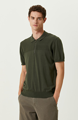 Haki Kısa Kollu Pamuklu Polo Yaka Kazak