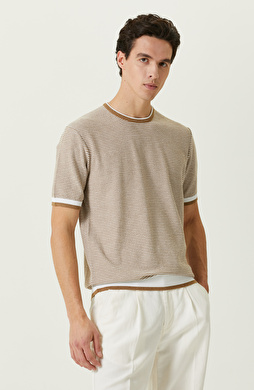 Camel Çizgili Kısa Kollu Triko Kazak