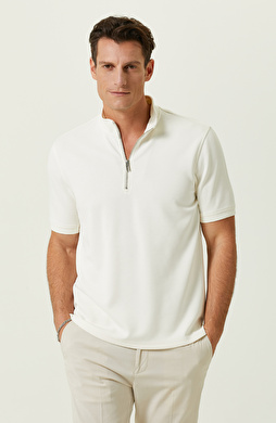 Ekru Kısa Kollu Dik Yaka Sweatshirt