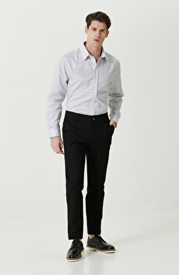 Non-Iron Gri Beyaz Çizgili Balenli Klasik Yaka Gömlek