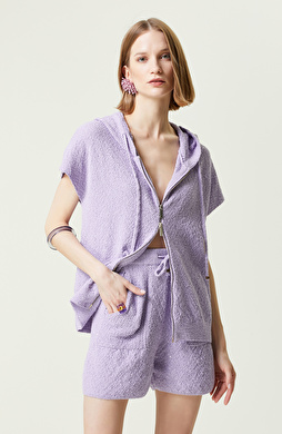 Lila Kısa Kollu Kapüşonlu Hırka