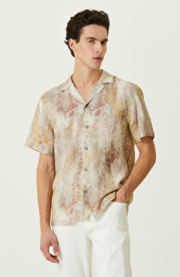 Bej Baskılı Keten Gömlek