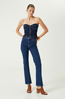 Indigo Mavi Geniş Paça Denim Pantolon