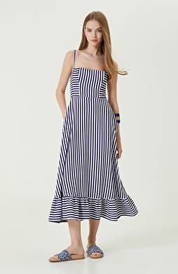 Beyaz-Lacivert Çizgili Elbise