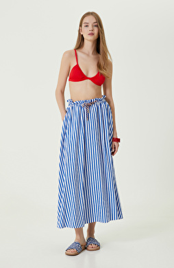 Saks Mavisi-Beyaz Çizgili Midi Boy Etek Saks Mavisi-Beyaz Çizgili Midi Boy Etek