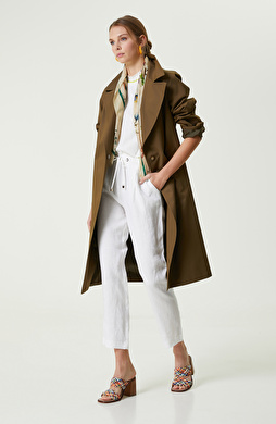 Beyaz Beli Büzgülü Keten Pantolon