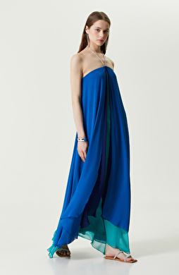 Saks Mavisi Şifon Uzun Abiye Elbise