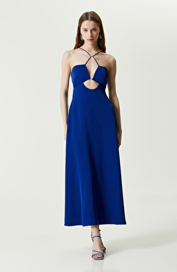 Saks Mavisi Uzun Askılı Abiye Elbise