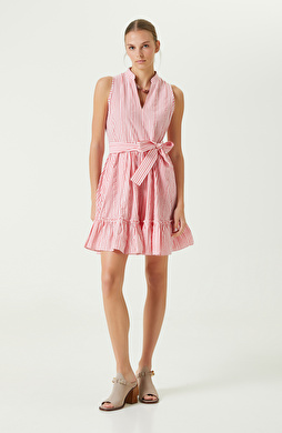 Kırmızı Beyaz Çizgili Gömlek Yaka Elbise