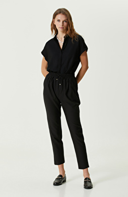 Siyah Beli Lastikli Dar Paça Pantolon