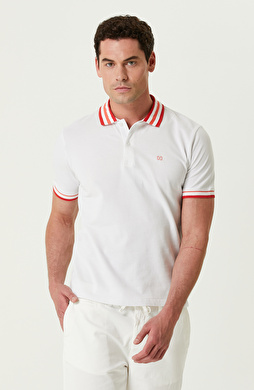 Beyaz Ribanalı Kısa Kollu Polo Yaka Tshirt
