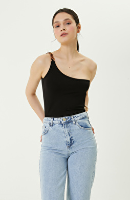 Tek Omuz Yaka Siyah Tshirt