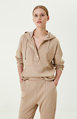 Fermuar Detaylı Bej Sweatshirt