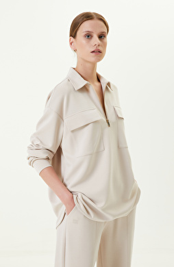 Cep Detaylı Taş Rengi Sweatshirt