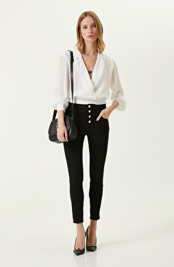 Düğme Detaylı Siyah Denim Pantolon