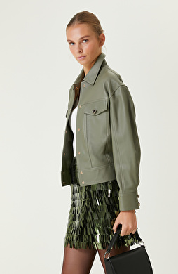 Açık Haki Çıt Çıt Kapamalı Deri Mont