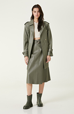 Açık Haki Evaze Deri Etek