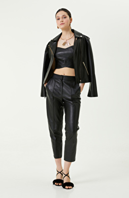 Kemeri Lastik Detaylı Siyah Deri Pantolon