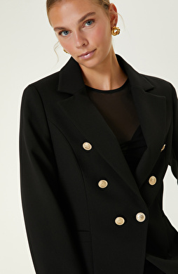 Siyah Dokuma Kruvaze Ceket