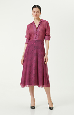 Düğme Detaylı Fuşya Uzun Kollu Elbise