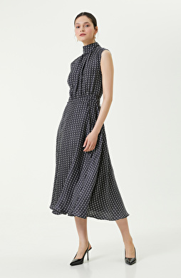 Kolsuz Desenli Midi Boy Siyah Elbise