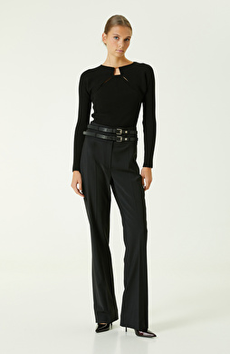 Çift Kemer Detaylı Siyah Pantolon