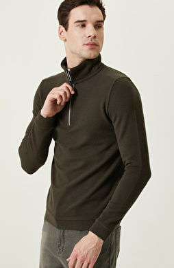 Fermuarlı Haki Dik Yaka Sweatshirt