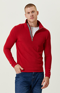 Fermuarlı Kırmızı Dik Yaka Sweatshirt
