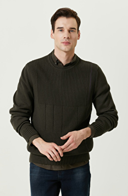 Örgü Detaylı Haki Triko Kazak