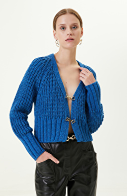 Mavi Uzun Kollu V Yaka Hırka