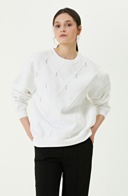 Pamuklu Baklava Desenli Ekru Sweatshirt