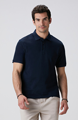 Lacivert Polo Yaka Jakarlı T-shirt