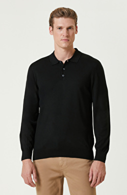 Siyah Polo Yaka Yün Karışımlı Triko Kazak Siyah Polo Yaka Yün Karışımlı Triko Kazak