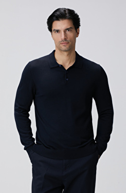 Lacivert Polo Yaka Yün Karışımlı Triko Kazak