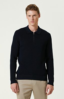 Lacivert Yün Karışımlı Polo Yaka Fermuarlı Triko Kazak