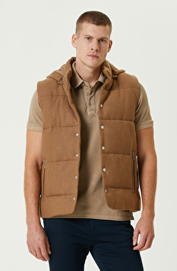 Camel Yün Karışımlı Kapüşonlu Puffer Casual Yelek