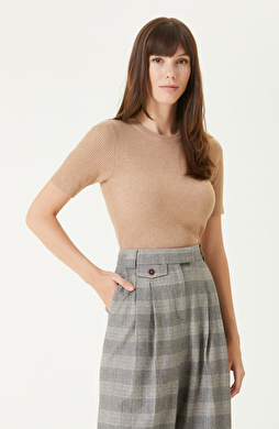 Bej Melanj Kısa Kol Basıc Triko Kazak