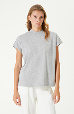 Gri Melanj Dik Yaka Basıc Tshırt