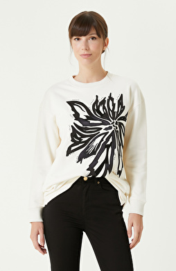 Kırık Beyaz Aplike Nakışlı SweaTshirt