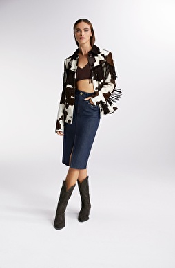 Koyu Indigo Mavi Trok Detaylı Denim Etek