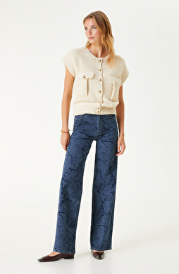 İndigo Şal Desenli Denim Pantolon